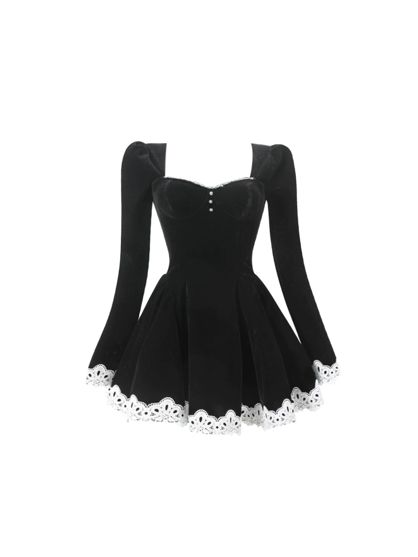 Dramatic Pearl Details A-Line White Lace Mini Skirt Elegant Black Velvet Corset Long-Sleeve Square Neck Short Dress AP5371