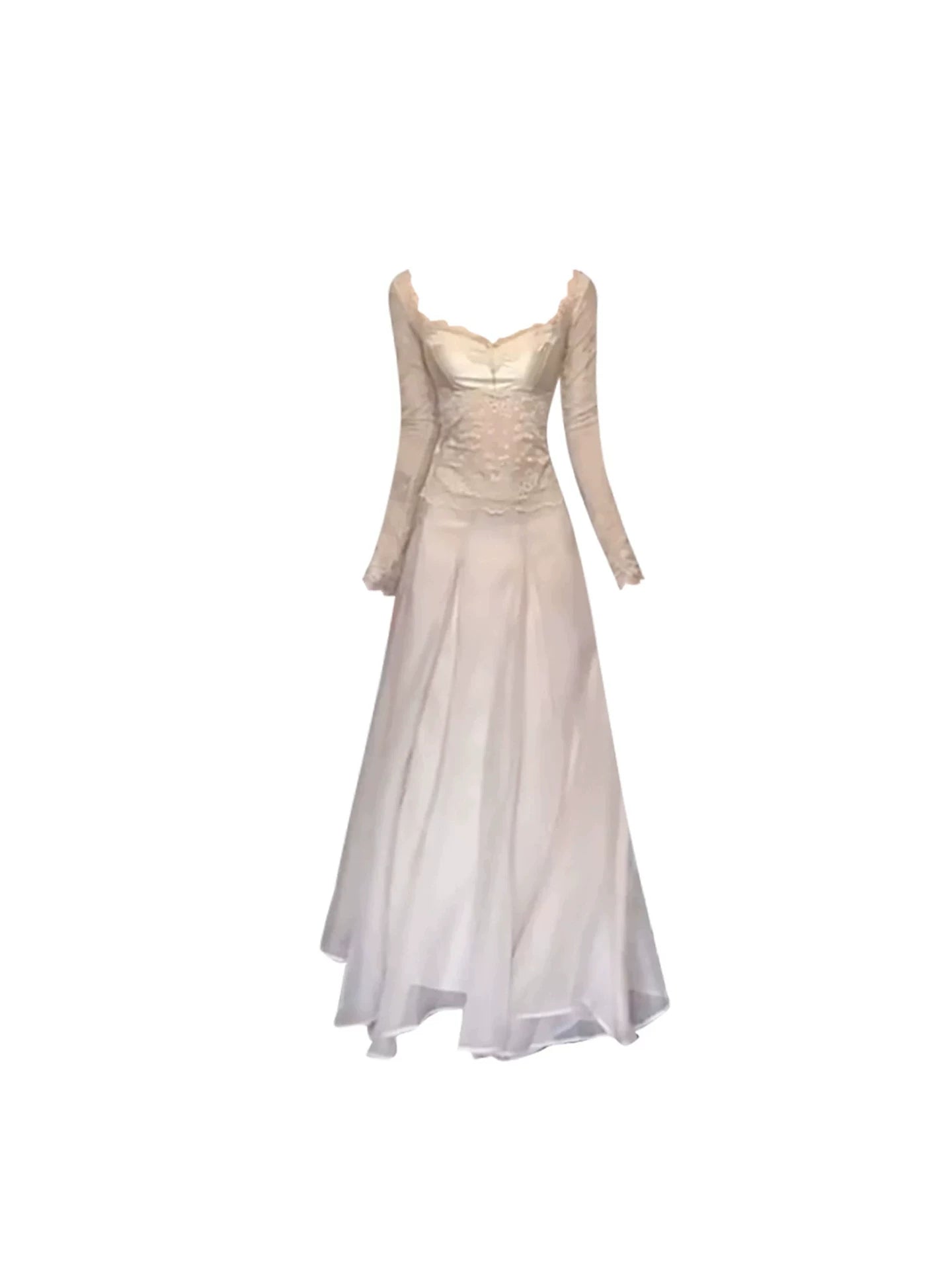 Stunning Square Neck Lace Bodice A-Line 2-Piece Set Maxi Dress Trendy Light Champagne Sheer Long Sleeve Flowy Long Dress AP5372