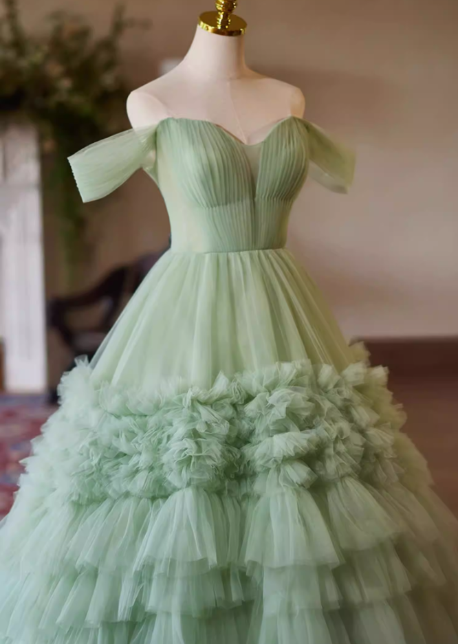 Playful Off-Shoulder A-Line Pleated Tulle Sweet 16th Dresses Green Prom Dress AP5386
