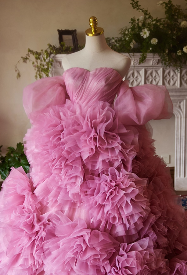 Stylish Off-Shoulder A-Line Ruffled Tulle Sweet 16th Dresses Handmade Flowers Prom Dress AP5387