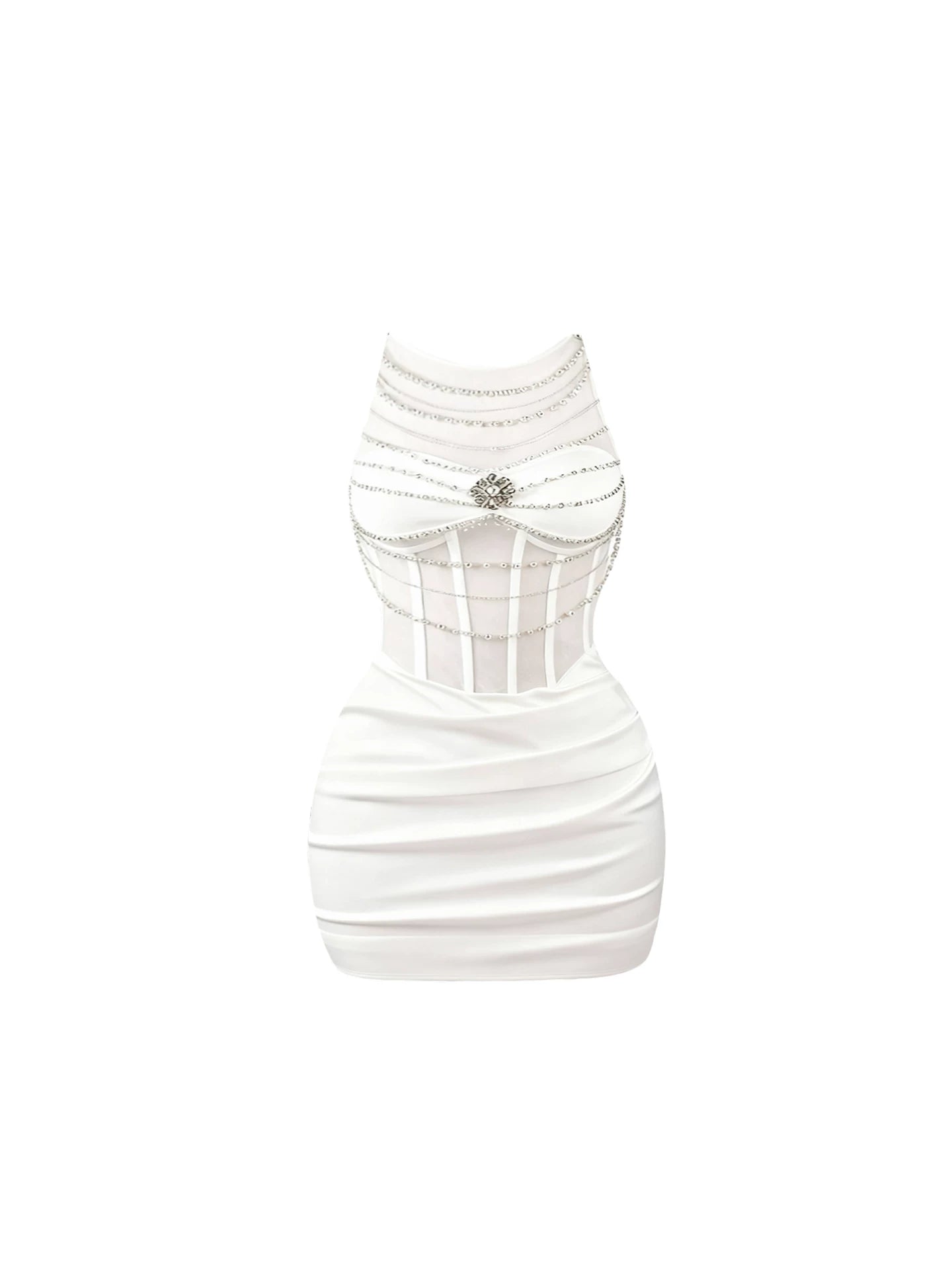 Hottie Cream Jewel Neck Mesh Corset Mini Dress Elegant Crystal Chain Drapes Bodycon Short Dress AP5401