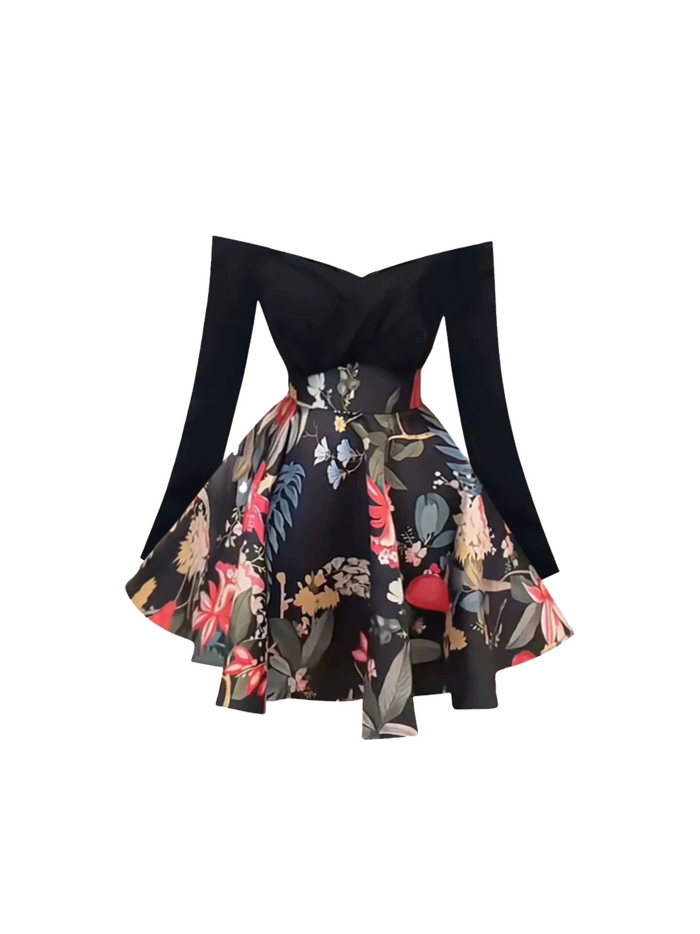 Y2K Style 2-Piece Black Off-Shoulder Long Sleeve Mini Skirt Vibrant A-Line Crossover Bodice Floral Print Flared Short Dress AP5403