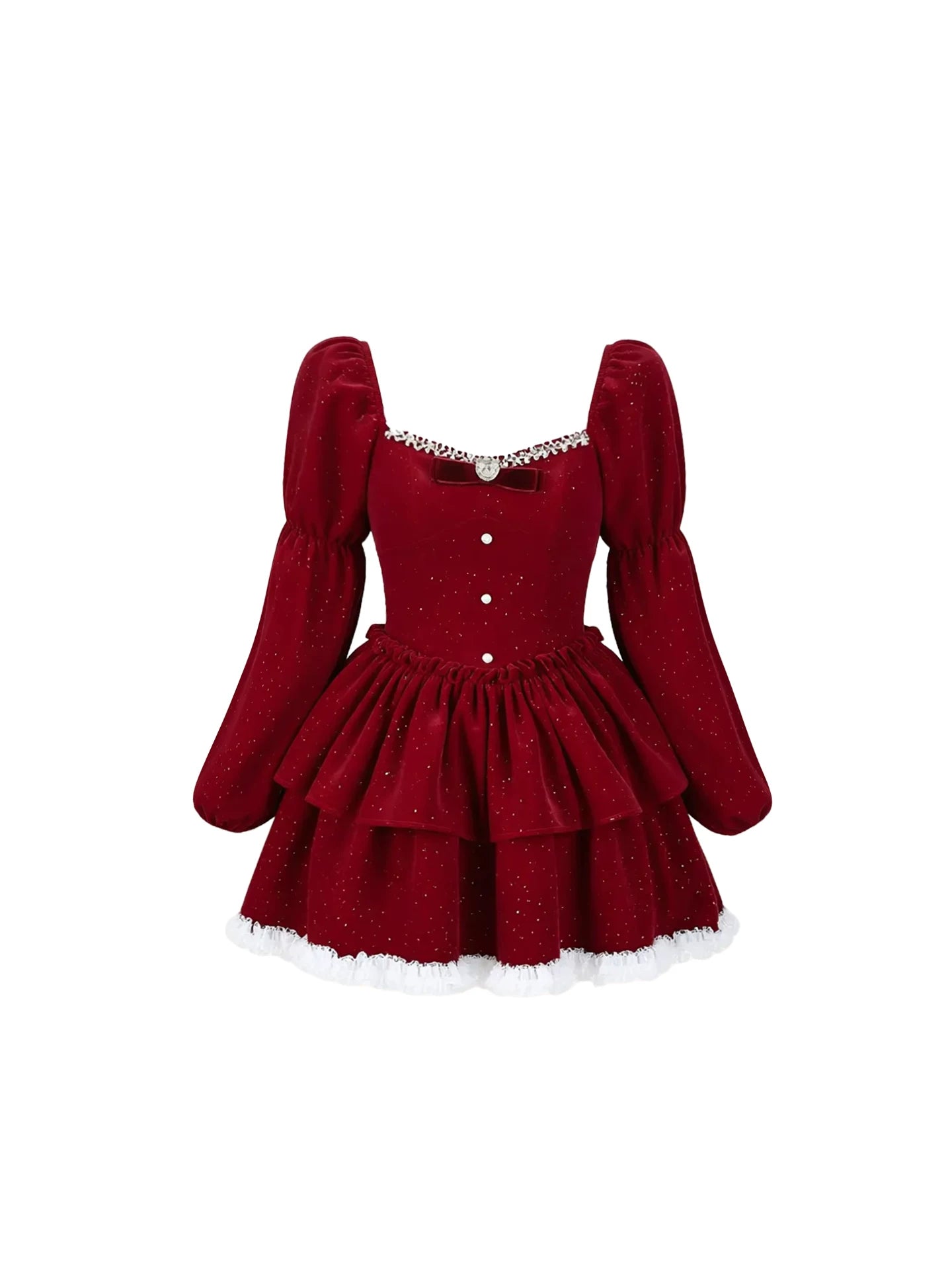Retro Long Sleeves Rhinestone Neckline A-Line Mini Skirt Glamorous Fur Trim Red Tiered Square Neck Short Dress AP5404