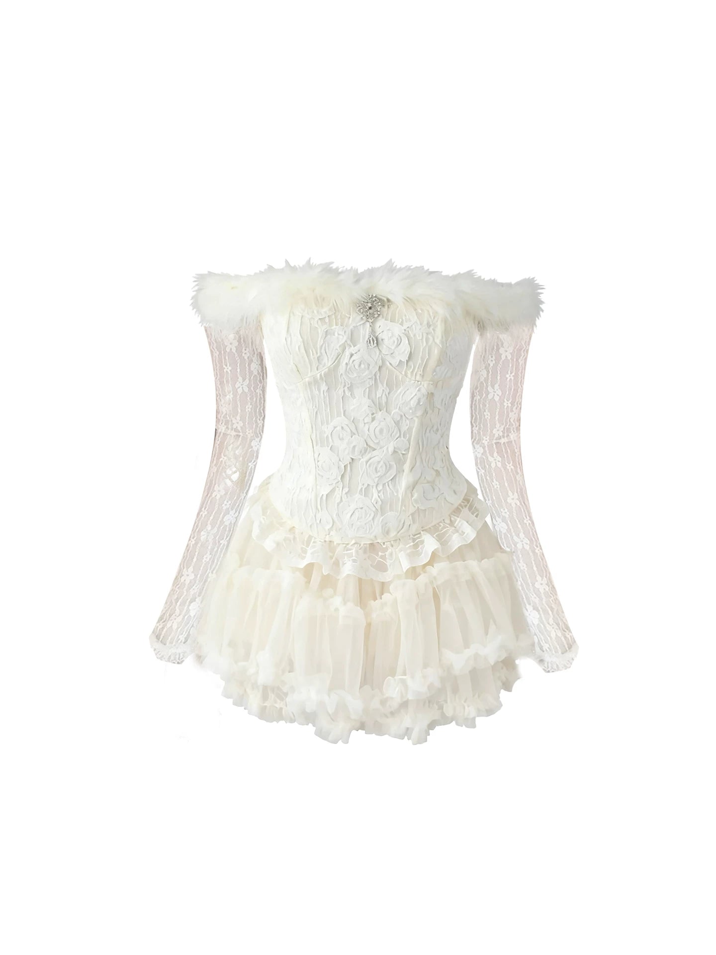 Everyday Wear 2-Piece Off-Shoulder Long Sleeve Tiered Mini Skirt Romantic Ivory Lace A-Line Fur Neckline 3D Roses Beads Short Dress AP5407