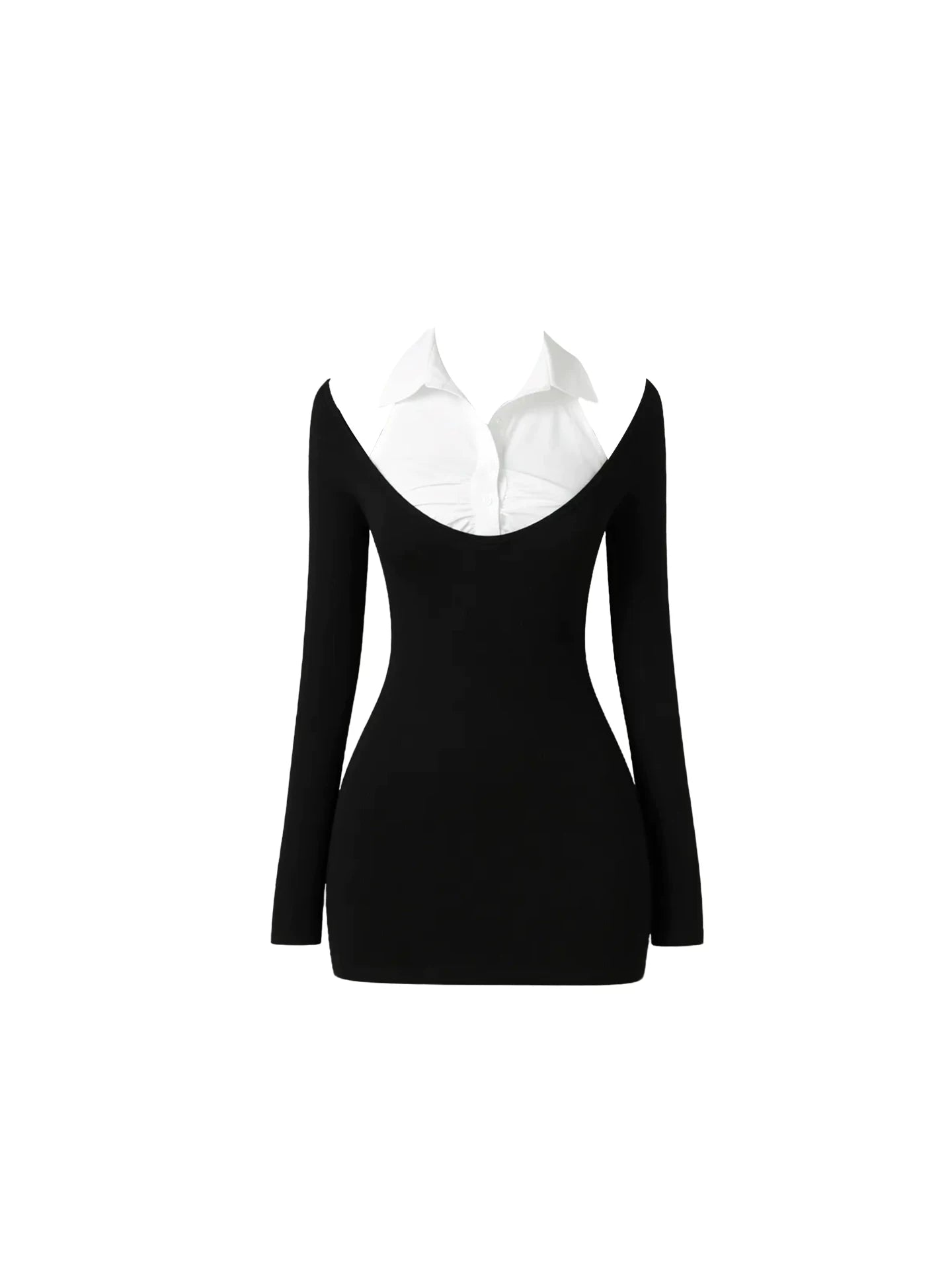 Lovely White Button Lapel Collar Cutout Bodycon Mini Skirt Trendy Ruched Black Long Sleeve Short Dress AP5410