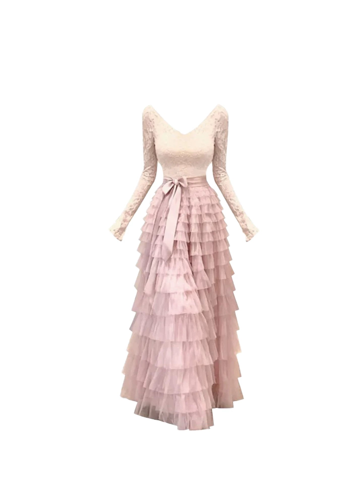 Beautiful Deep V-Neckline Satin Sash A-Line Maxi Dress Dreamy Pink Lace Bodice Long Sleeve Cascading Ruffled Tulle Long Dress AP5412