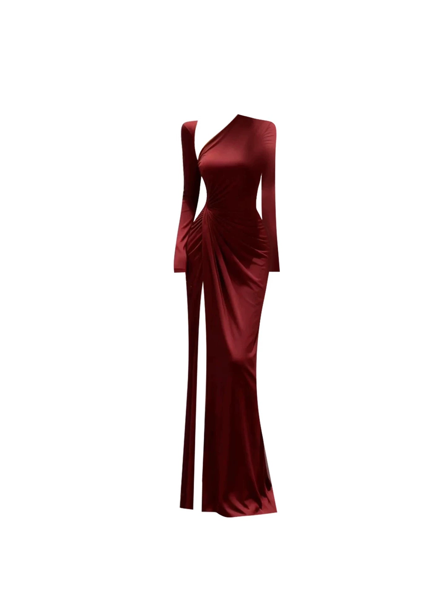 Enchanting Twist Knot Front High Slit Asymmetric Neckline Maxi Dress Elegant Burgundy Long Sleeve Mermaid Long Dress AP5413