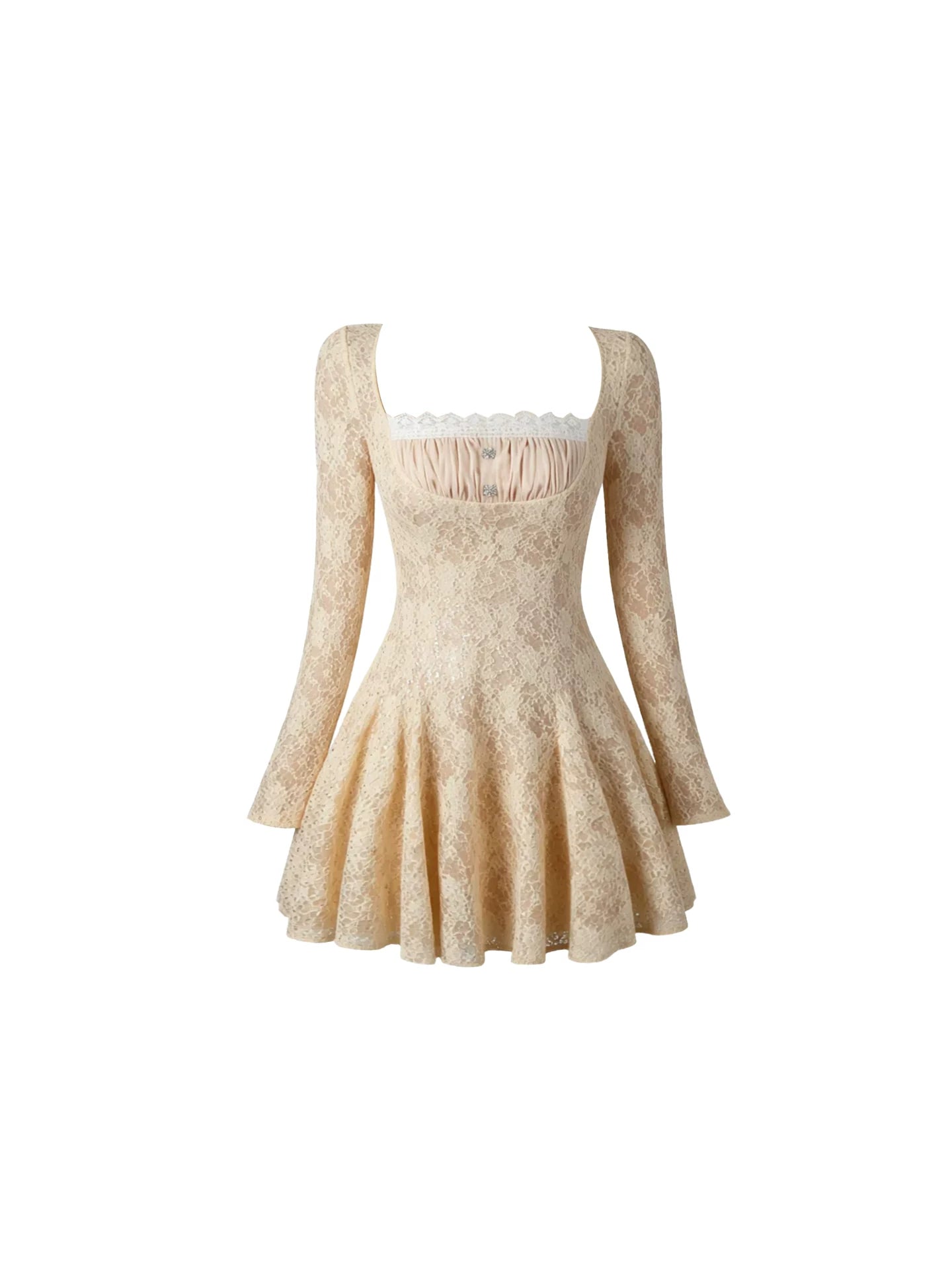 Appealing Ruched Satin Insert Pearl Accents Mini Skirt Elegant Cream Long Sleeve Lace A-Line Short Dress AP5417