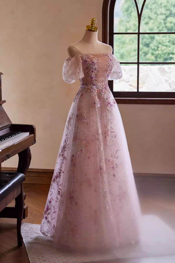 Dainty Off-Shoulder Pink Tulle A-Line Sweet 16th Dresses Appliques Sequins Beading Prom Dress AP5427