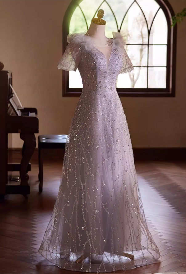 Luxurious A-Line V Neck Sweet 16th Gowns Short Sleeve Sequins Tulle Handmade Flowers Feather Prom Dress AP5434