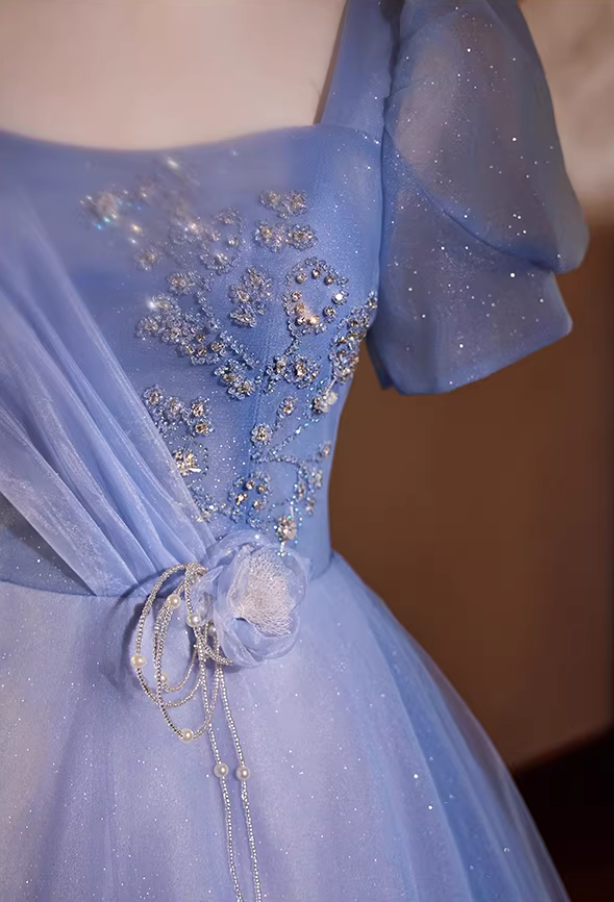 Luxury A-Line Square Neck Blue Tulle Sweet 16th Gowns Short Sleeve Handmade Flowers Beading Sequins Prom Dress AP5435