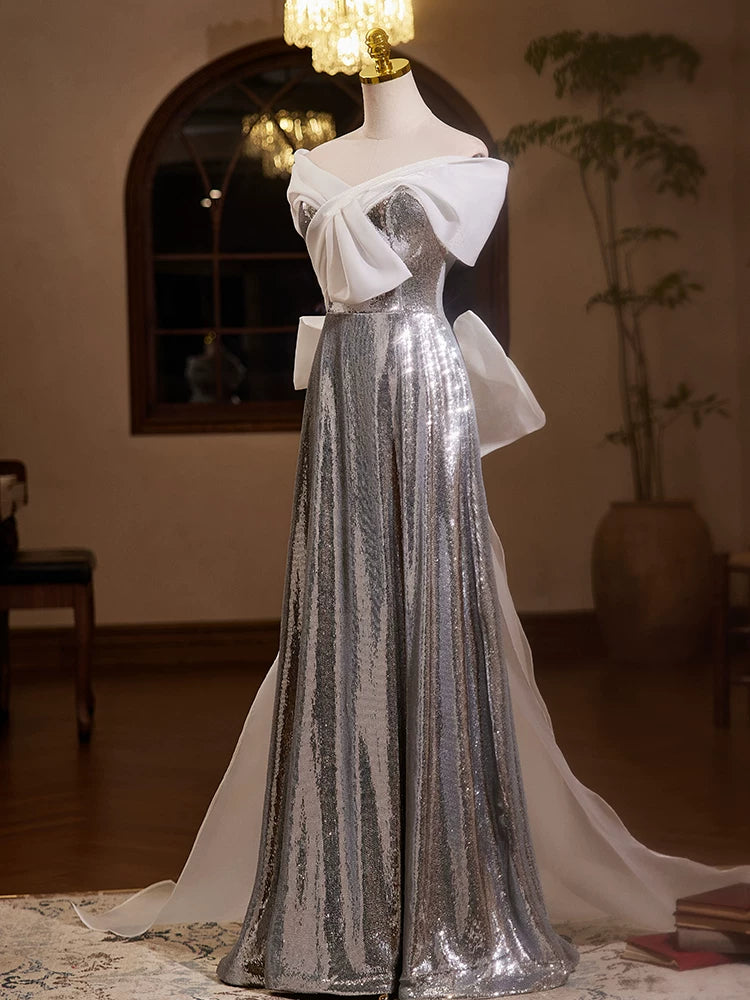 Elegant Off-Shoulder A-Line Sweet 16th Dresses Silver Sequins Prom Dress AP5437