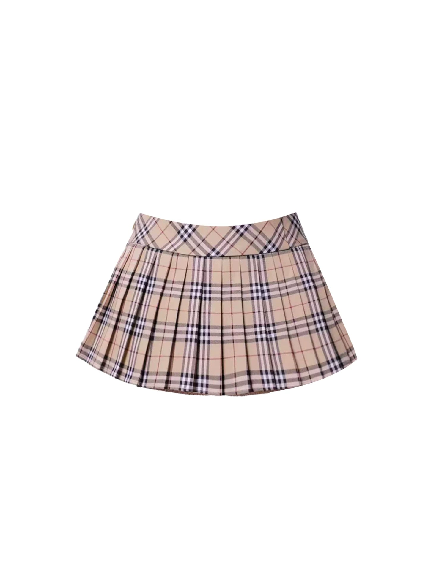 Cute Turtleneck Top Two-Piece A-Line Mini Skirt Retro Beige Sheer Long Sleeve Plaid Pleated Short Dress AP5441
