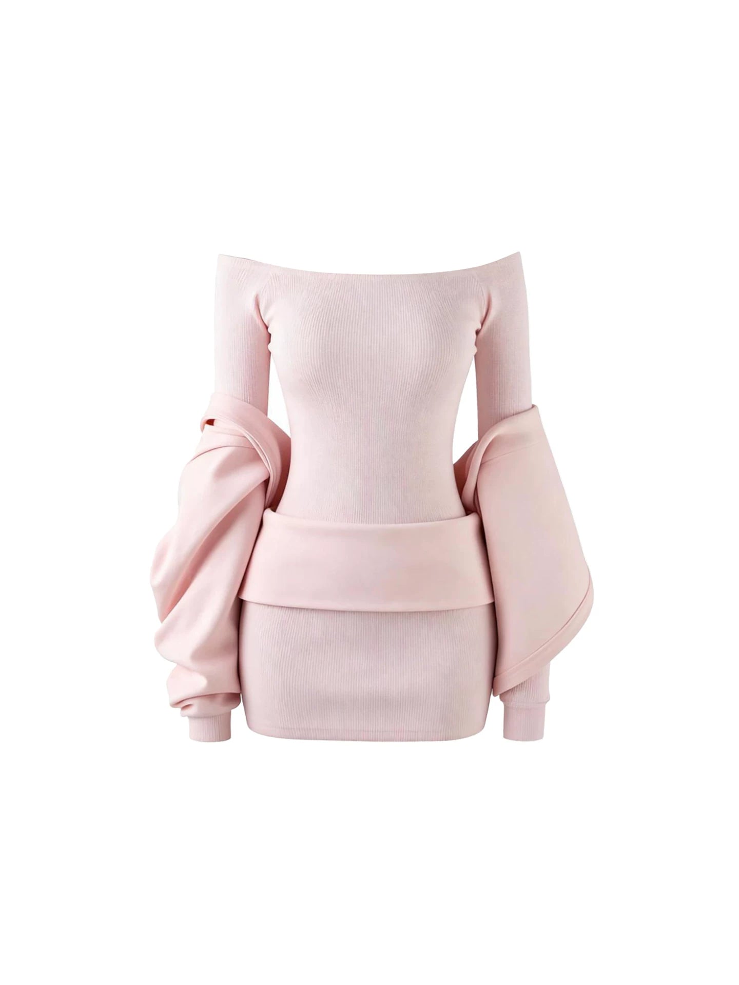 Glam Light Pink Ribbed Knit 2-Piece Mini Skirt Sweet Long Sleeves Off-Shoulder Top Bodycon Short Dress AP5449