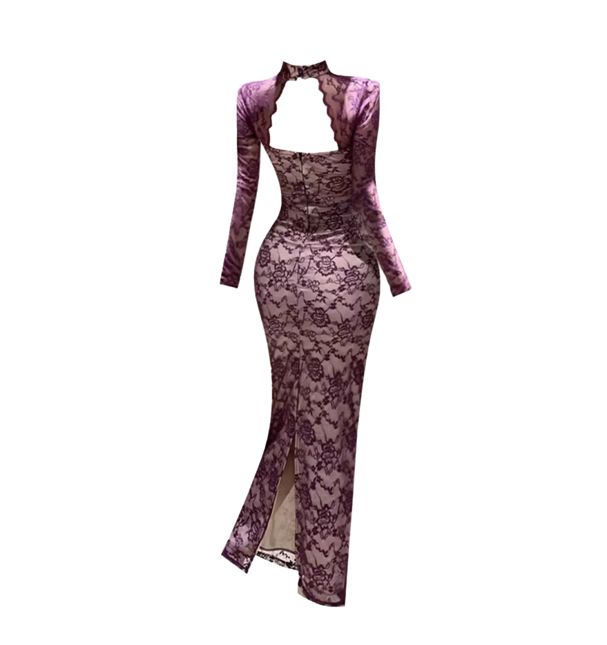Vibrant Choker Neckline Cutout Bow Waist Back Slit Maxi Dress Sexy Mauve Sheer Lace Long Sleeve Sheath Long Dress AP5455