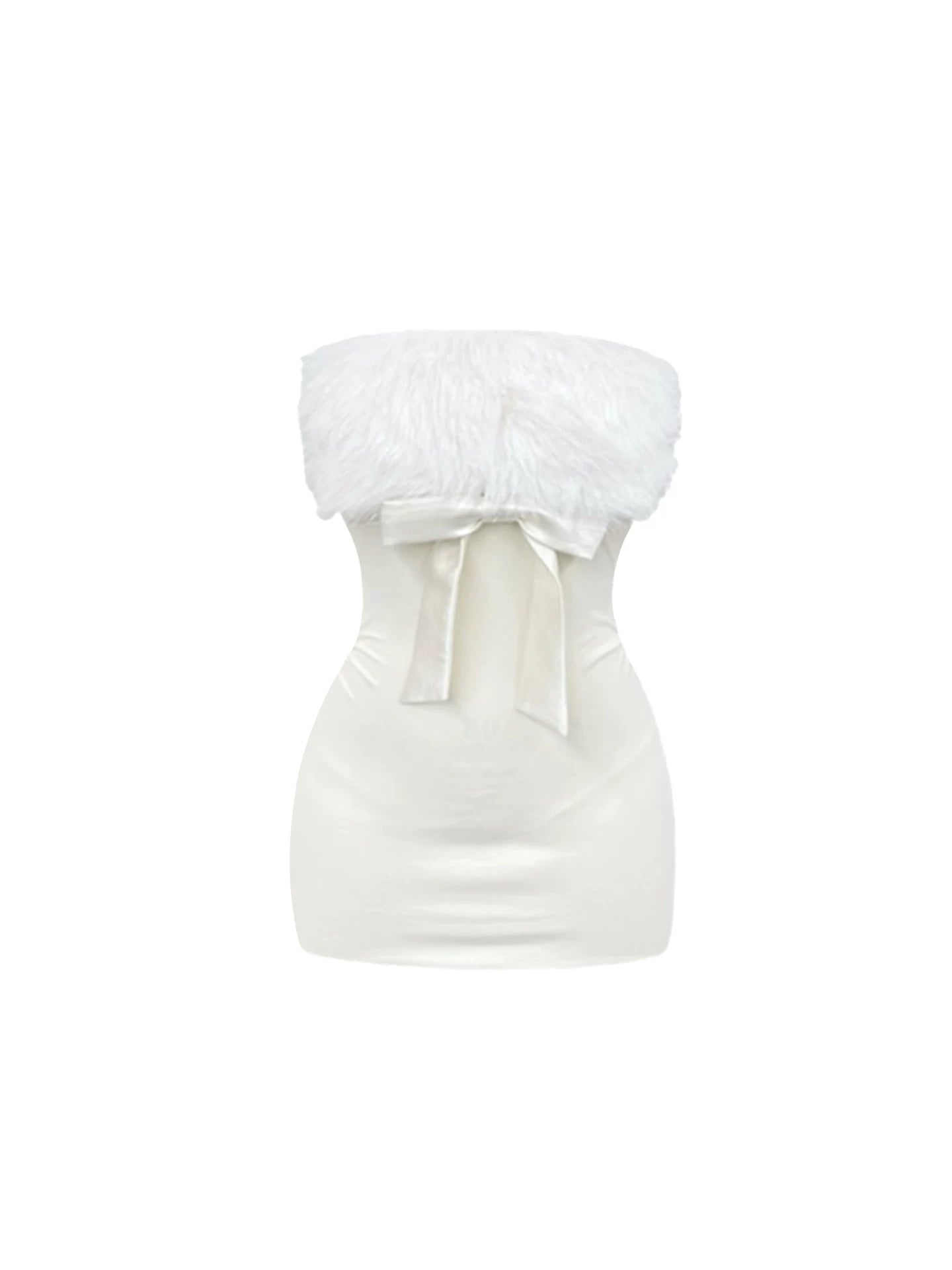 Dopamine Style Fluffy Fuzzy Trim Bodycon Mini Skirt Trendy White Satin Bow Accent Strapless Short Dress AP5461