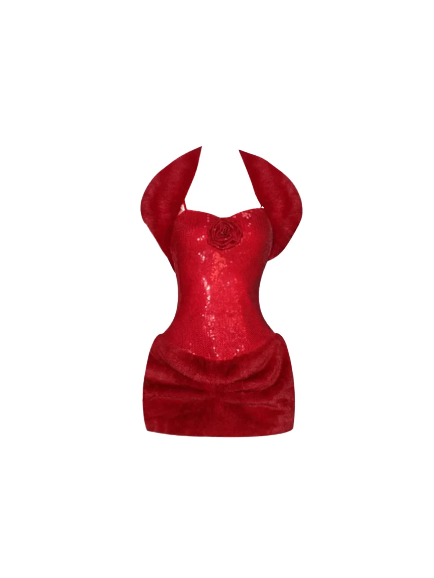 Sparkly Spaghetti Strap Detachable Fuzzy Shoulders Mini Skirt Trendy 3D Rose Red Sequin Bodycon Short Dress AP5462