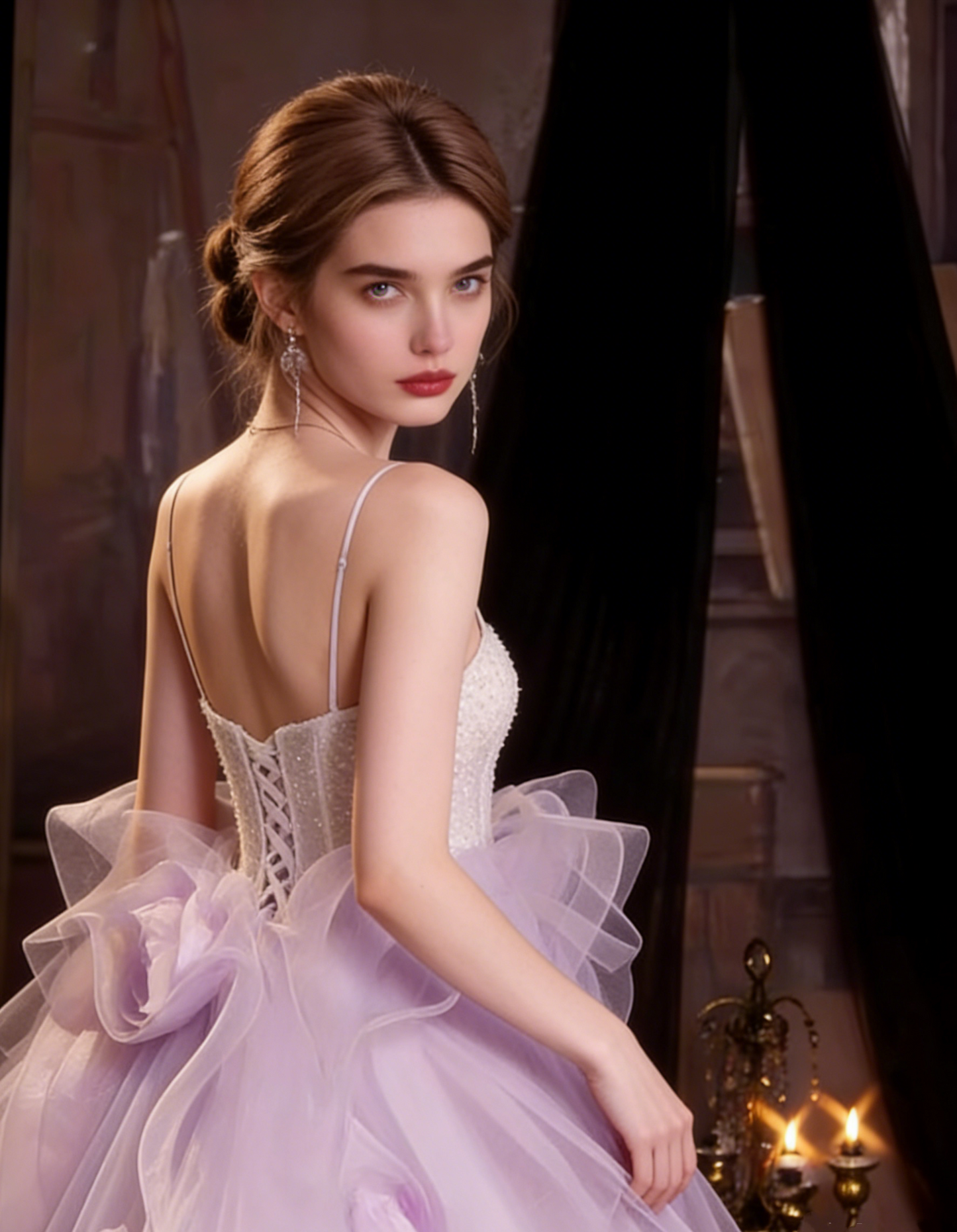 Fitted A-Line Spaghetti Strap Ruffles Evening Gowns Beading Handmade Flowers Tulle Prom Dress AP5466