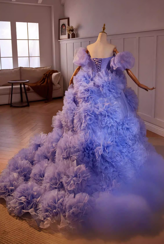 Attractive Off-Shoulder A-Line Ruffles Tulle Sweet 16th Dresses Handmade Flowers Purple Prom Dress AP5469