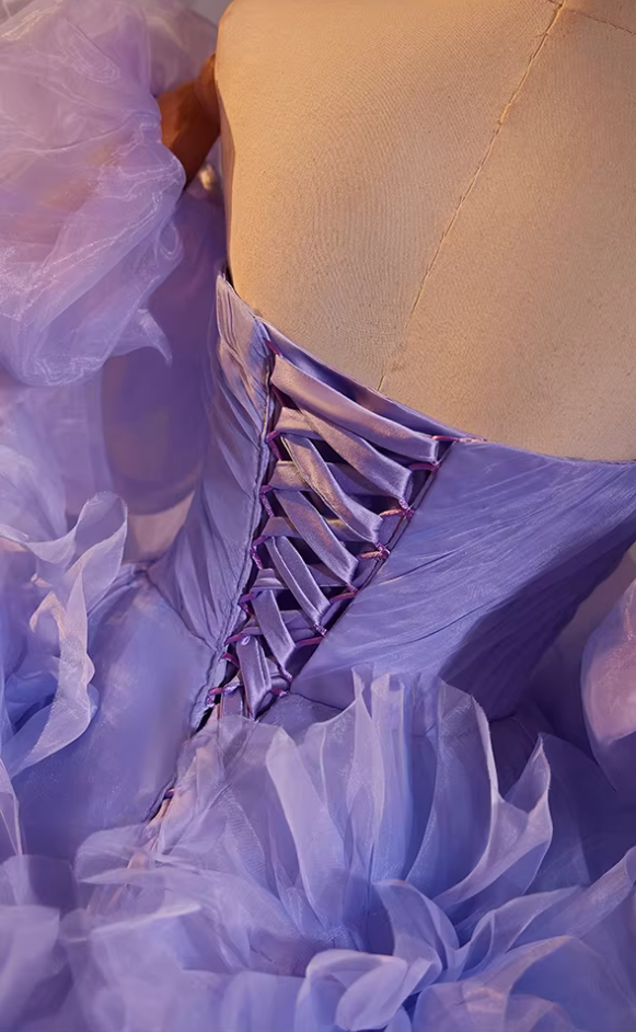 Attractive Off-Shoulder A-Line Ruffles Tulle Sweet 16th Dresses Handmade Flowers Purple Prom Dress AP5469