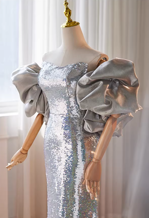 Glittering Strapless Mermaid Evening Dress Silver Sequins Prom Dress AP5472