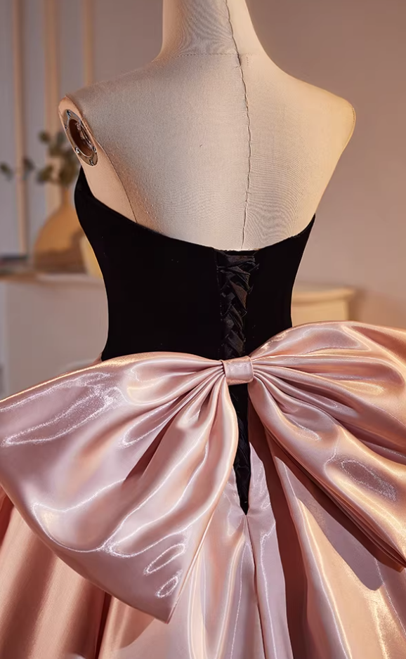 Fancy Strapless A-Line Sweet 16th Gowns Satin Velvet Bow Prom Dress AP5476