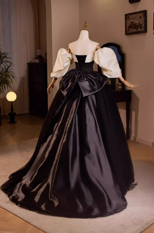 Casual Off-Shoulder A-Line Black Tulle Sweet 16th Dresses Beading Bow Prom Dress AP5482