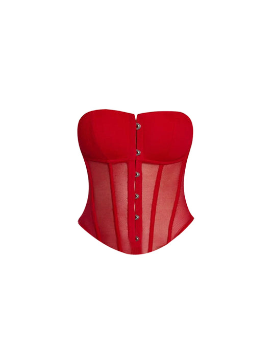 Beautiful Corset Top Button Sheer Mesh Bodycon Mini Skirt Trendy Red Strapless Two-Piece Set 3D Flower Texture Short Dress AP5492