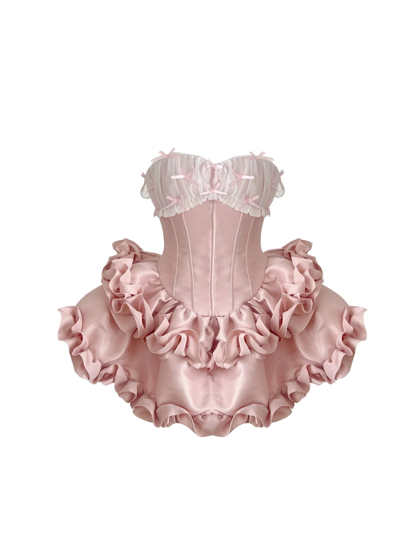 Superb White Lace Trim Bow Accents A-Line Mini Skirt Cute Multi-Layered Ruffle Hem Pink Satin Corset Strapless Short Dress AP5494