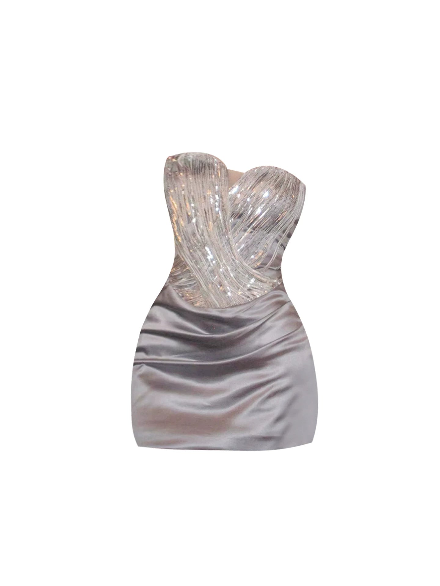 Amazing Sequin Ruched Satin Lower Panel Design Bodycon Mini Skirt Sparkly Silver Strapless Corset Short Dress AP5496