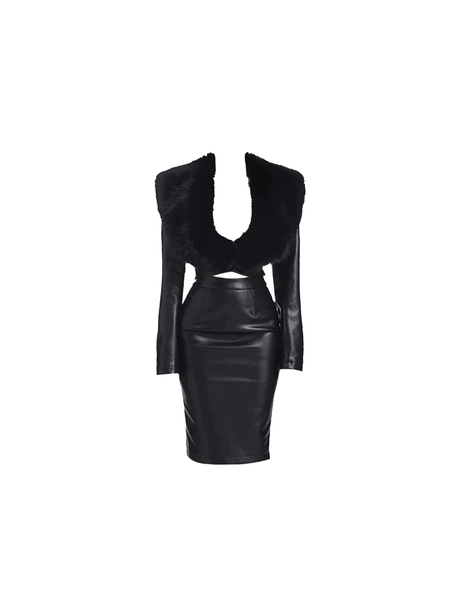 Appealing Faux Fur Neckline Pencil Bodycon Midi Skirt Sexy Black Leather-Look Crop Top 2-Piece Long Dress AP5497