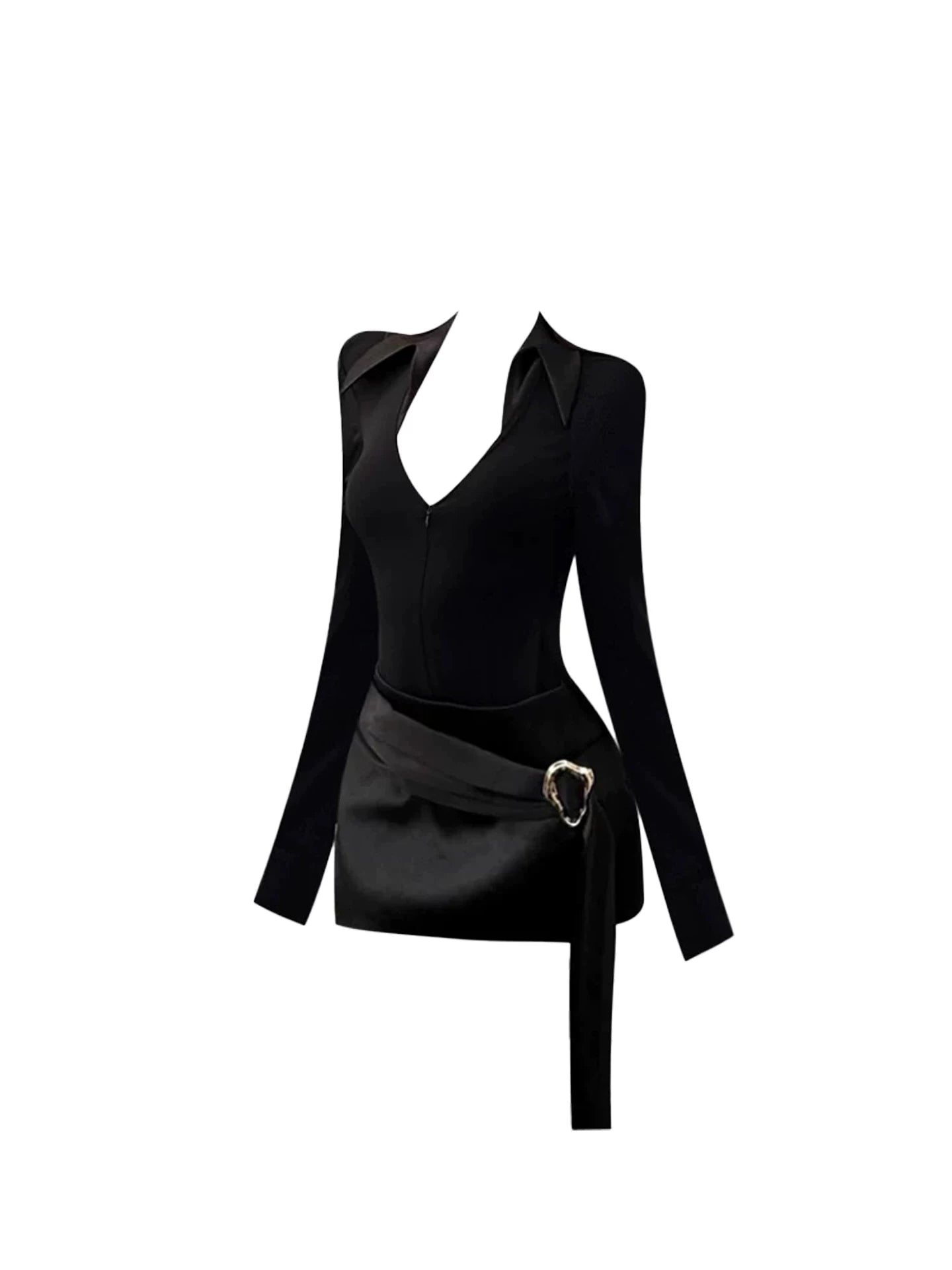 Enticing V Neck Metal Buckle 2-Piece Mini Skirt Chic Black Long-Sleeve Bodycon Short Dress AP5500