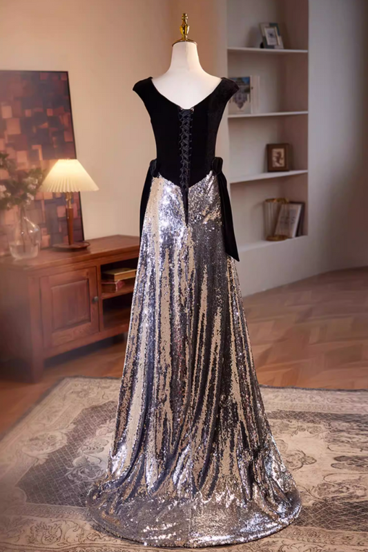 Dainty V Neck Draped Mermaid Sweet 16th Dresses Silver Sequins Bows Black Velvet Prom Dress AP5508