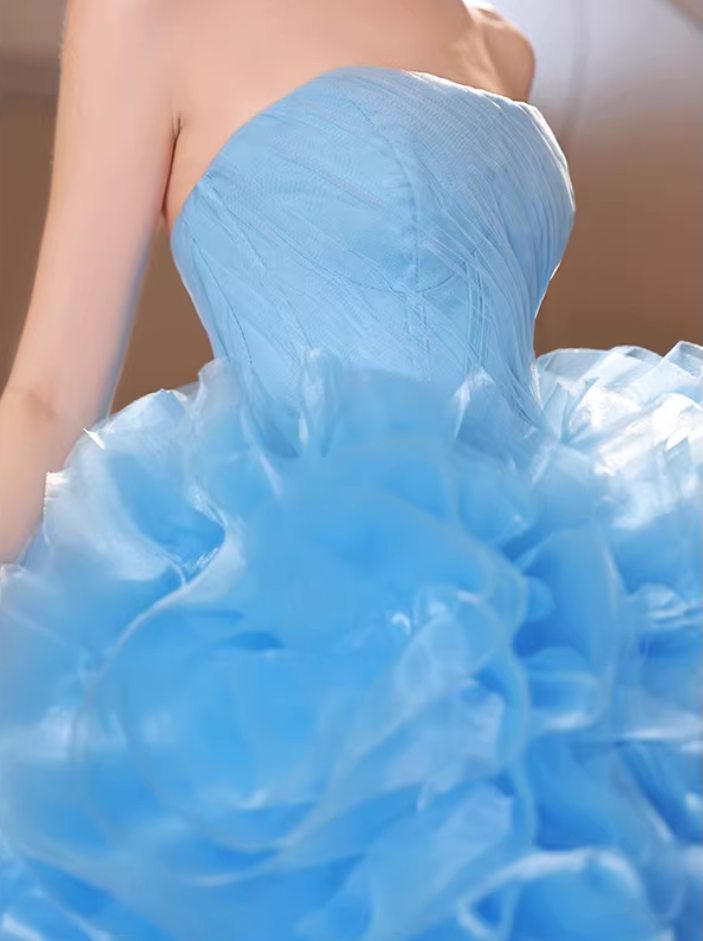 Romantic Strapless A-Line Pleated Sweet 16th Gowns Ruffled Blue Tulle Prom Dress AP5511