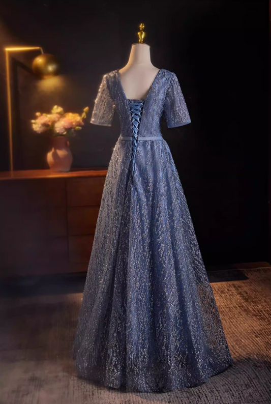 Luxury A-Line V Neck Blue Tulle Sweet 16th Gowns Short Sleeve Sequins Prom Dress AP5516
