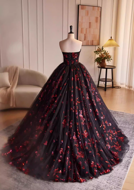 Cute Strapless A-Line Sweet 16th Gowns Floral Sequins Black Prom Dress AP5522
