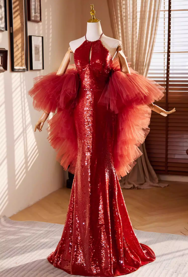 Artistic Cutout Halter Neck Formal Mermaid Dresses Sequins Backless Prom Dress AP5524