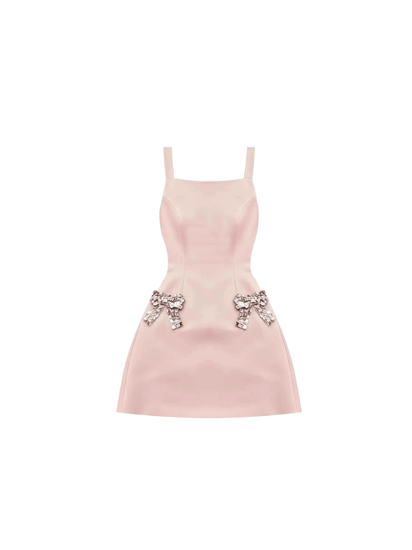 Ethereal Crystal Design Double Bow Accents A-Line Mini Skirt Sweet Blush Pink Spaghetti Strap Flared Short Dress AP5526