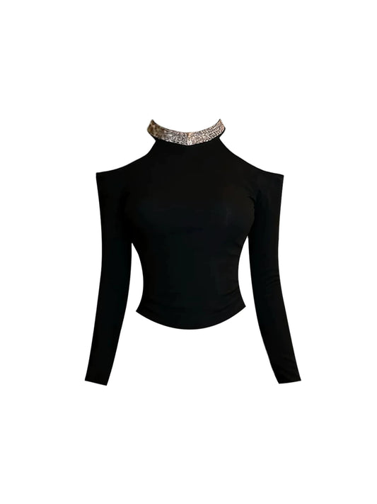 Alluring 2-Piece Long-Sleeve Bodycon Mini Dress Sexy Black Off-Shoulder Crop Top Rhinestone Halter Short Dress AP5527