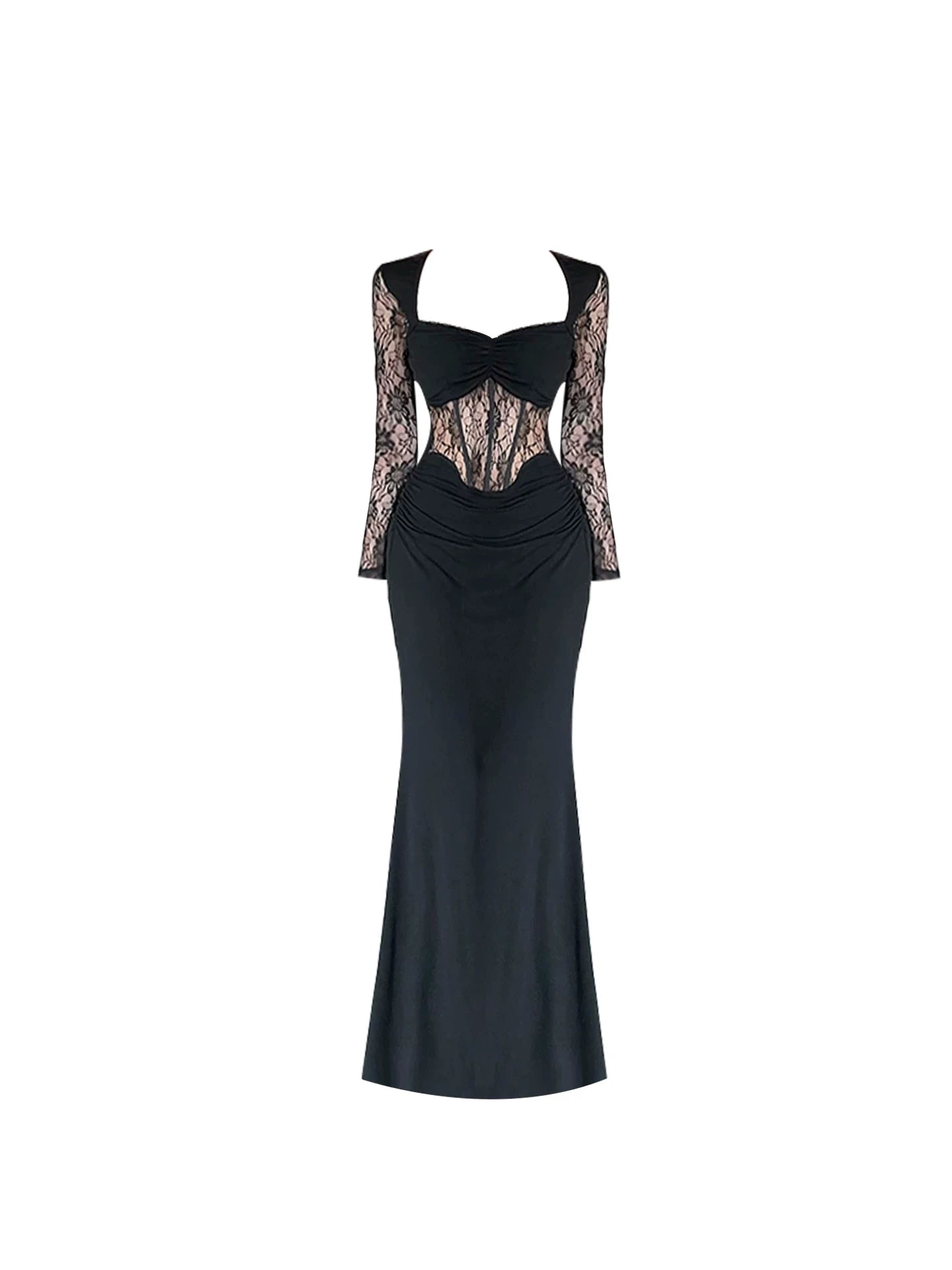 Glamorous Sweetheart Neckline Mermaid Maxi Dress Elegant Black Sheer Lace Long Sleeve Long Dress AP5530