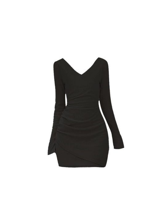 French Style Side Ruche Asymmetric Overlap Hem Detail Mini Skirt Sexy V Neck Long Sleeve Bodycon Short Dress AP5537
