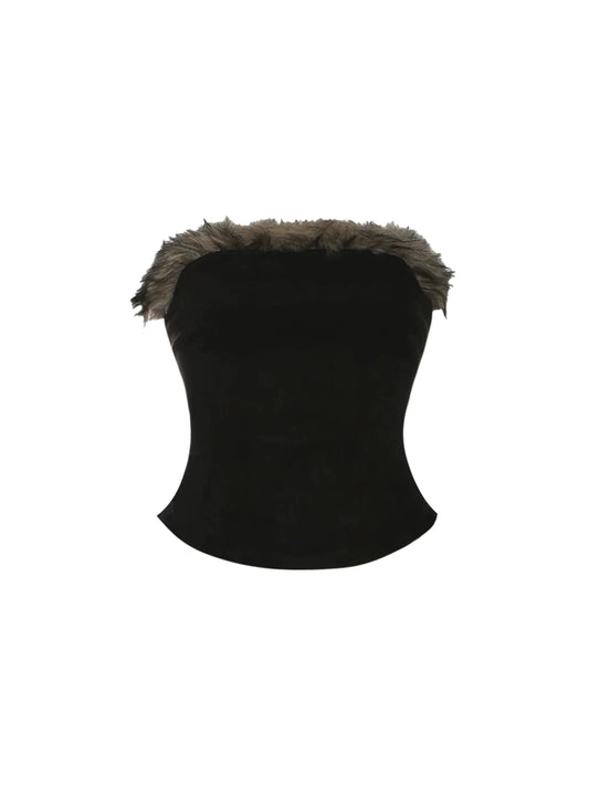 Boho-Inspired Low-Waist Belted Bodycon Mini Skirt Edgy Black Strapless Top Faux Fur Trim 2-Piece Short Dress AP5538