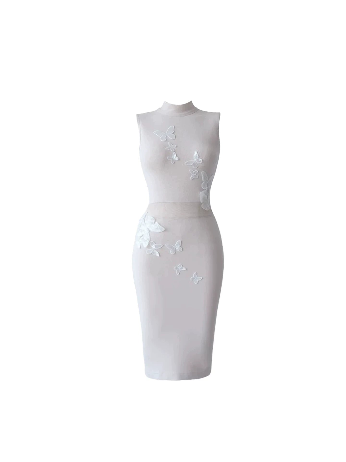 Minimalist 3D Butterfly Accent Bodycon Midi Dress Romantic White High Neck Sleeveless Long Dress AP5540