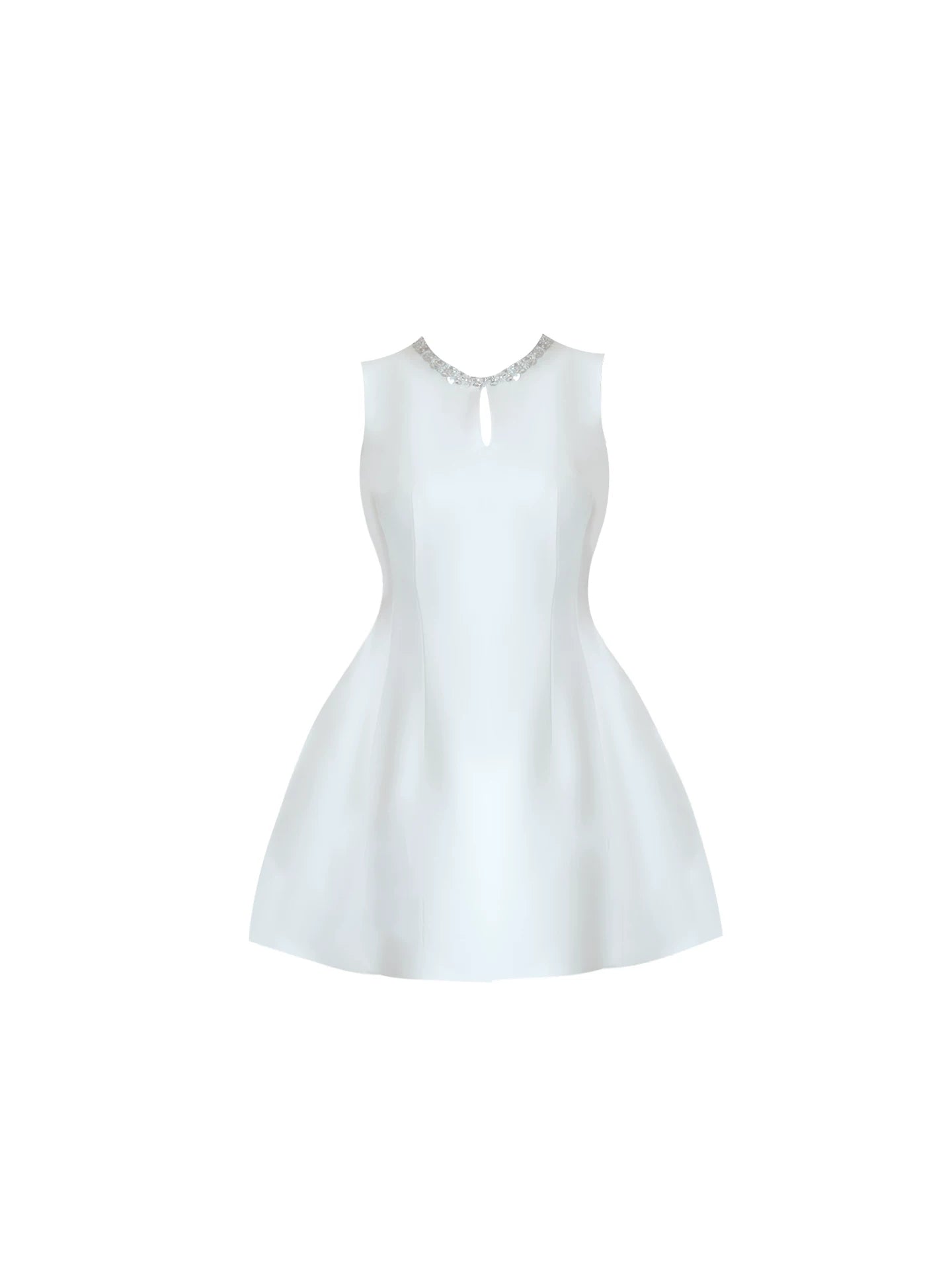 Charming Rhinestone Detail Keyhole Neck Flared Hem Mini Skirt Elegant White Sleeveless A-Line Short Dress AP5542