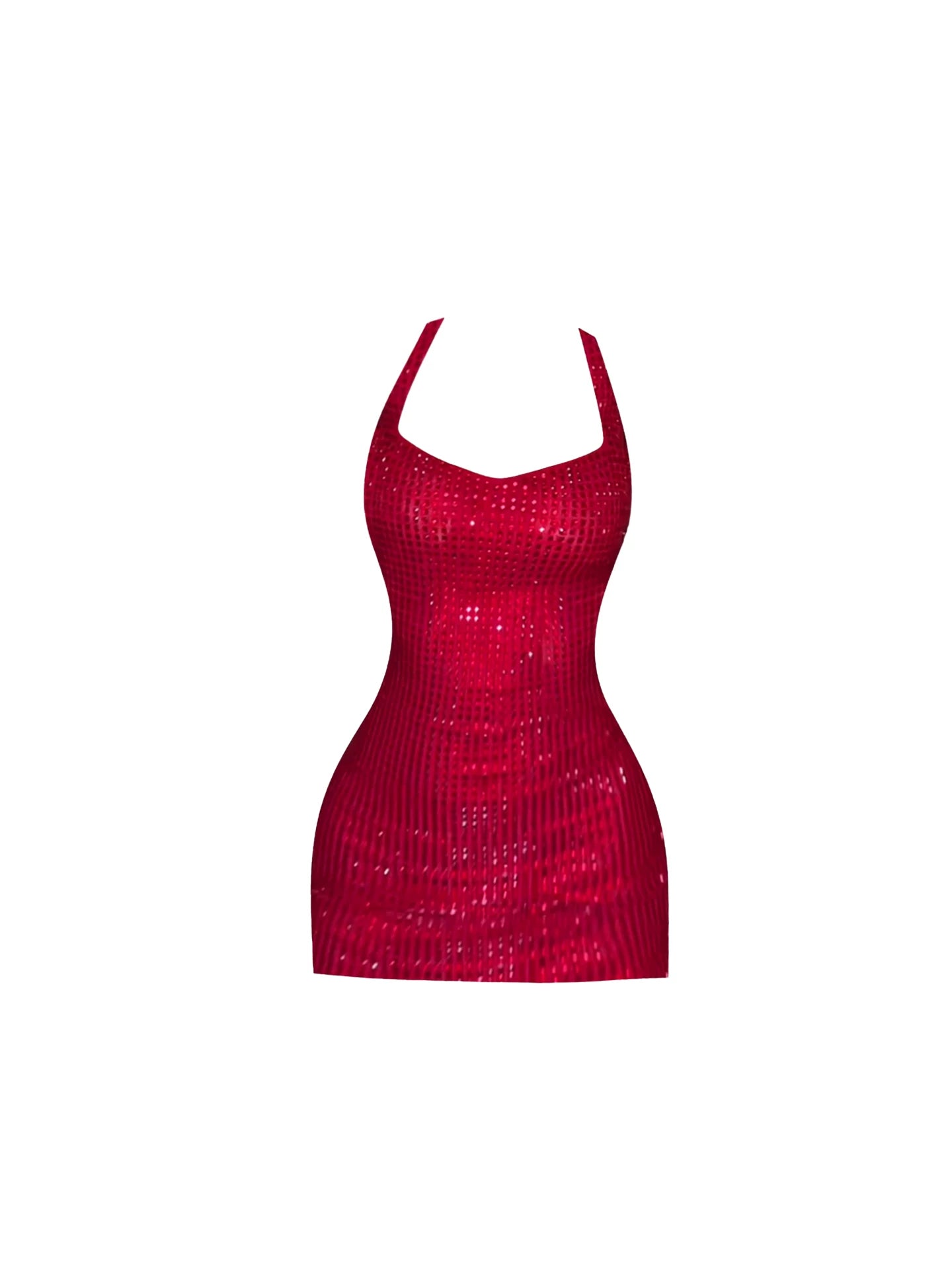 Dopamine Style All-Over Sequins Detail Bodycon Mini Dress Luxe Red Halter Short Dress AP5544