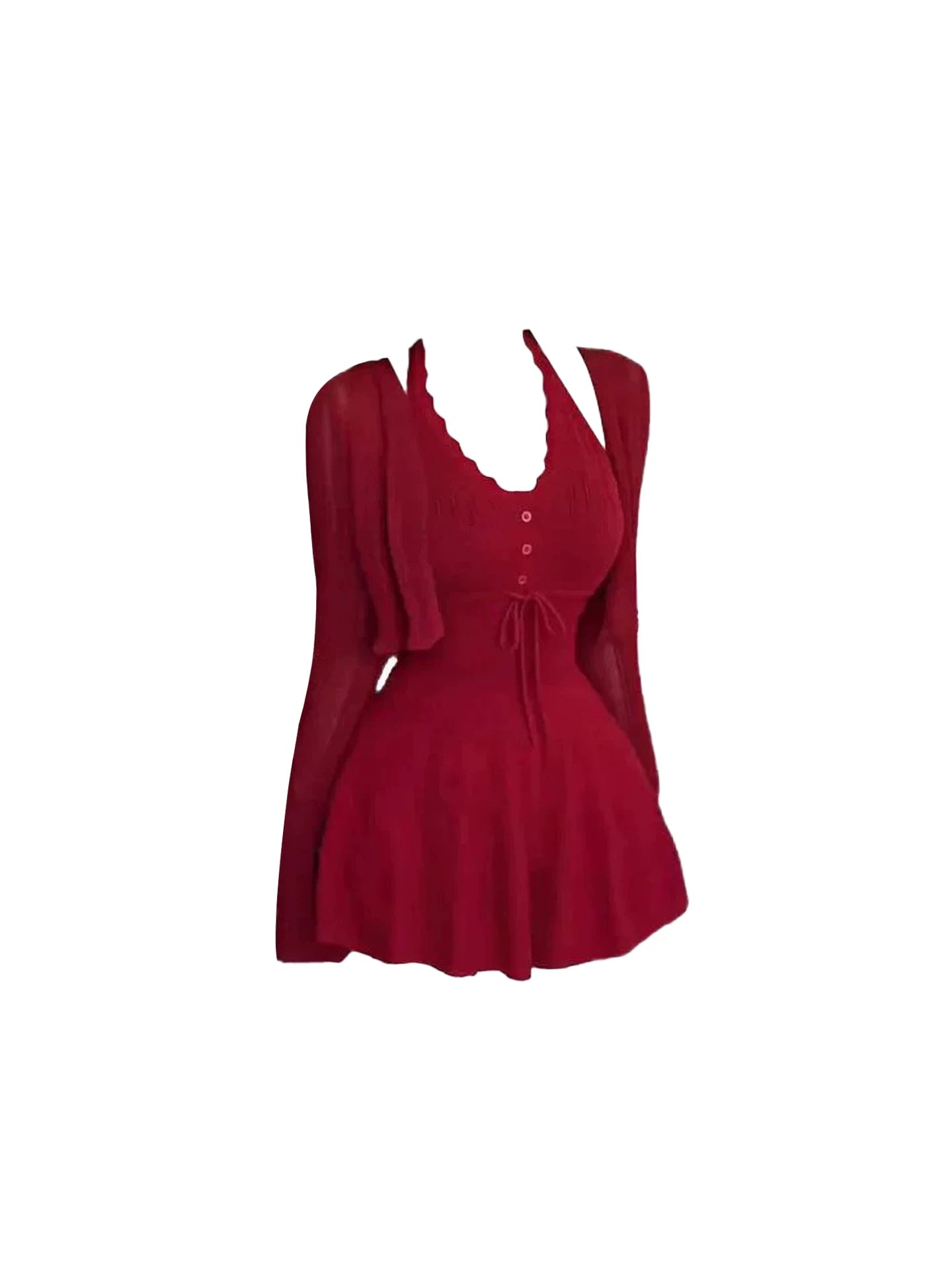 Flowy Scallop Neck Buttons Accent A-Line Mini Skirt Trendy Burgundy Halter Short Dress AP5545