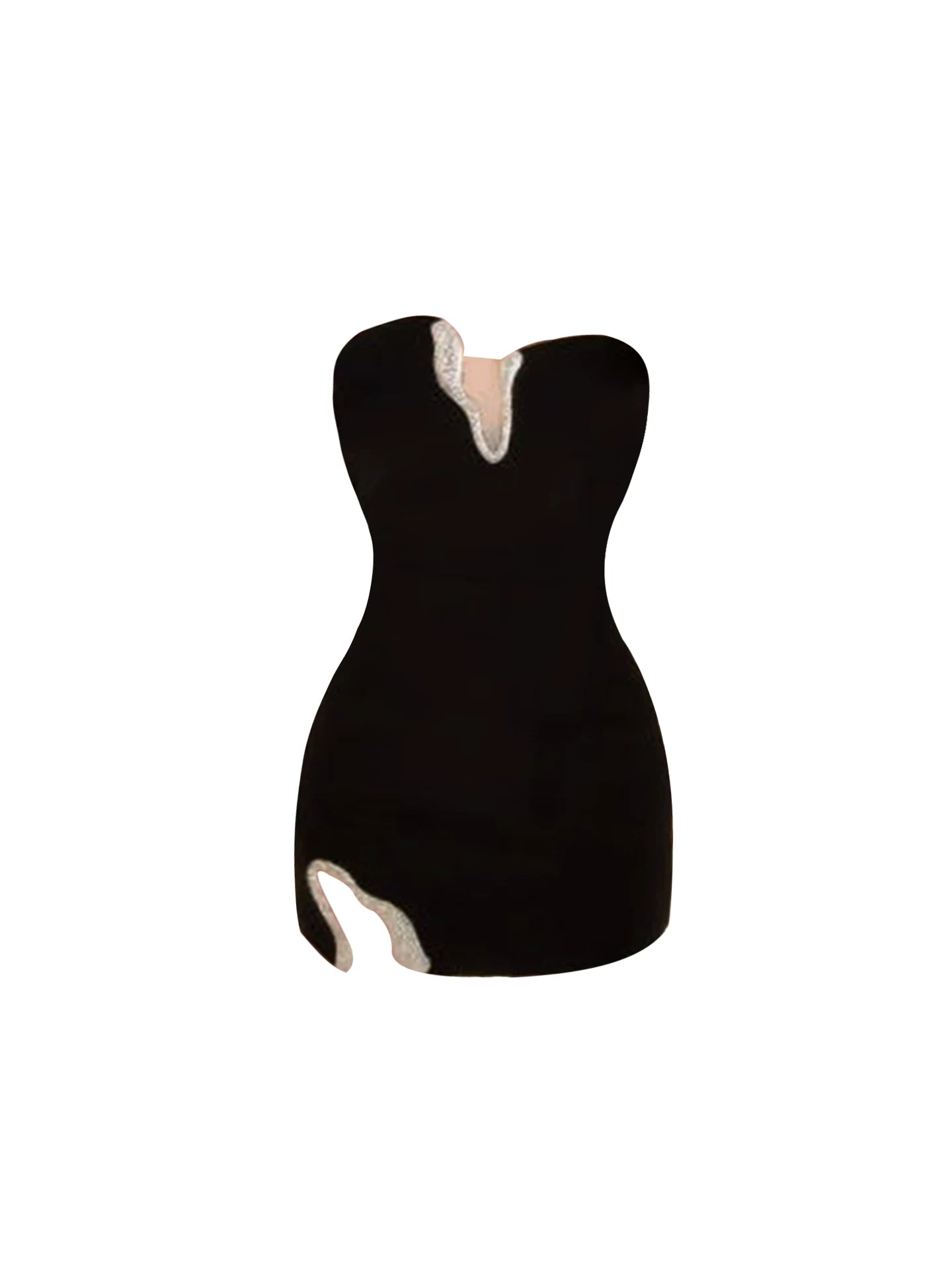 Fitted Black Strapless Sequins Design Bodycon Mini Skirt Charming V-Neck Contrast Trim Side Slit Short Dress AP5549