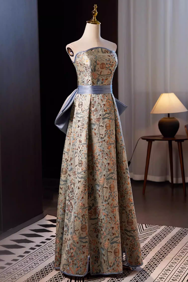 Retro Strapless A-Line Slit Hem Sweet 16th Gowns Embroidery Bow Prom Dress AP5553
