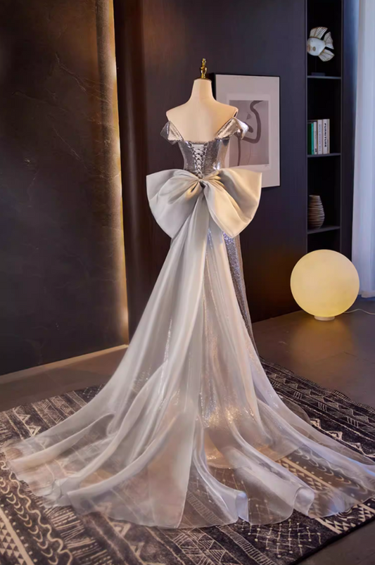 Modern Sheath Beading Off-Shoulder Sweet 16th Dresses Bow Train Sequins Prom Dress AP5556