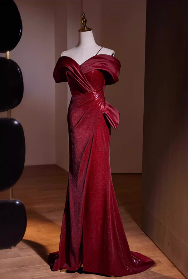 Fancy Off-Shoulder Slit Mermaid Sweet 16th Dresses Sequins Red Pleated Prom Dress AP5559
